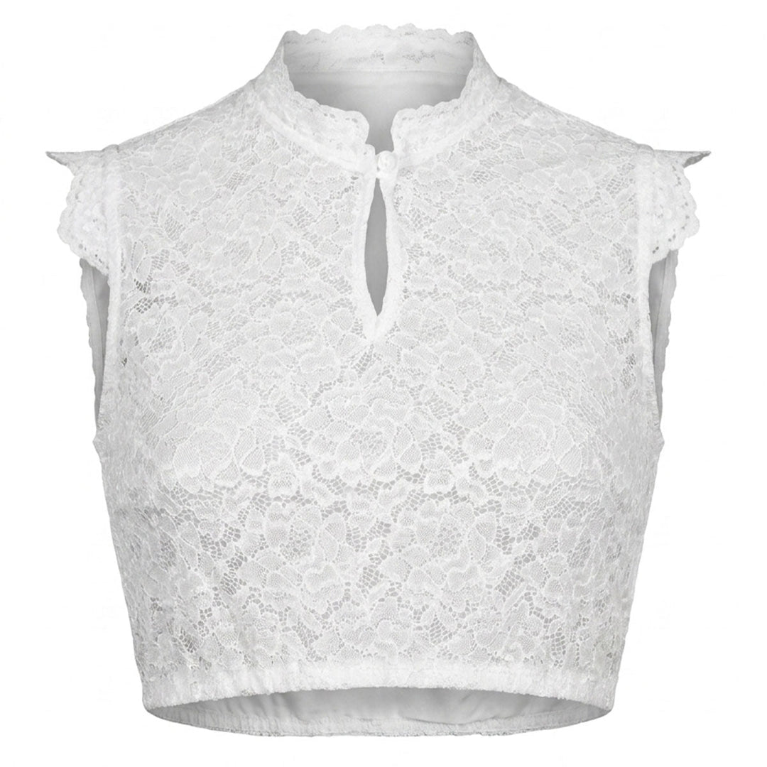 Damen Dirndlbluse Weiß | Spitzenbluse mit Blumenmuster, Stehkragen und Flügelärmeln