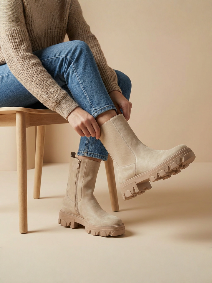 Damen Chunky Stiefel | Mittelhohe Boots mit robuster Profilsohle, seitlichem Reißverschluss und bequemem Schnitt für Alltag und Freizeit