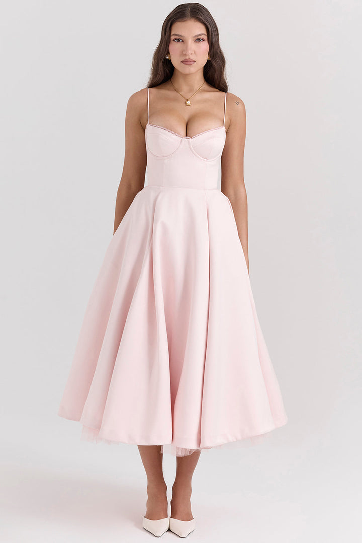 Damen Tüllkleid Elegant &amp; Feminin | Midikleid mit Verstellbaren Trägern | Romantisches Abendkleid für Hochzeiten &amp; Partys
