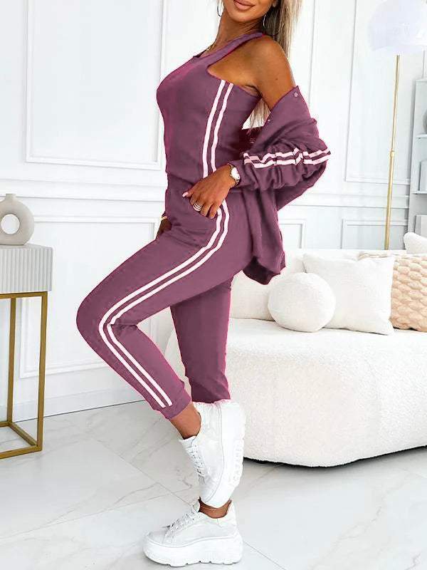 Women’s 3-piece set with baseball jacket, racerback top &amp; jogging pants | Warming &amp; breathable | Side stripe look | S–5XL