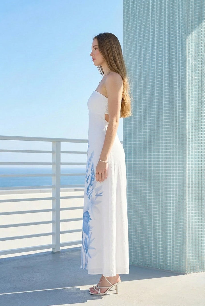 Trägerloses Maxikleid mit Blumenmuster | Santorini Bloom Sommerkleid | Offener Rücken | Luftig &amp; Elegant