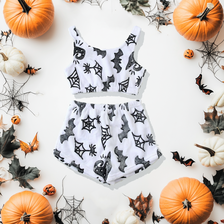 Damen Pyjama-Set Halloween mit Geister-Print | Langarm Oberteil + Hose | Warm, weich &amp; gemütlich für Herbstabende