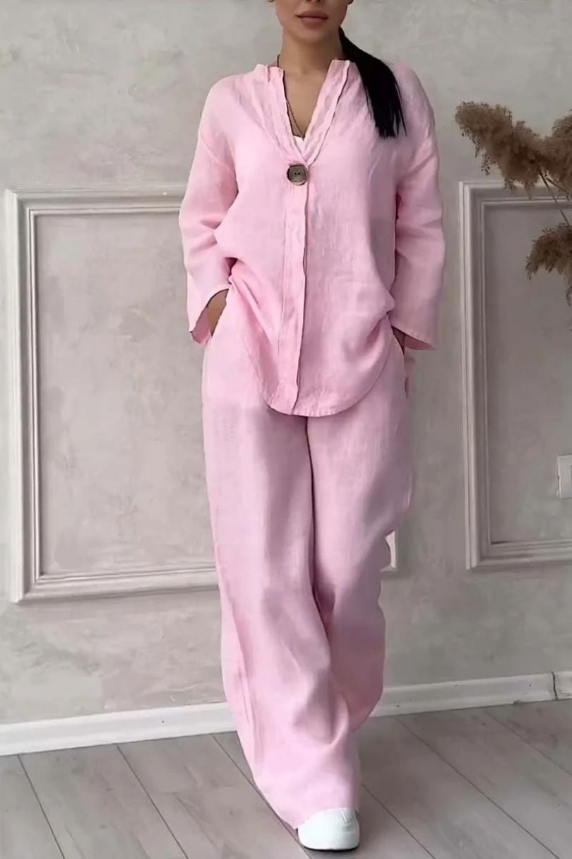 Women’s 2-Piece Set Made of Cotton &amp; Linen | V-Neck with Button Placket | Loose Fit, Long Sleeve for Everyday &amp; Leisure