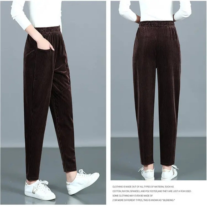 Damen Cordhose mit hoher Taille | Warme High-Waist-Hose mit weichem Fleecefutter und elastischem Bund für Herbst und Winter