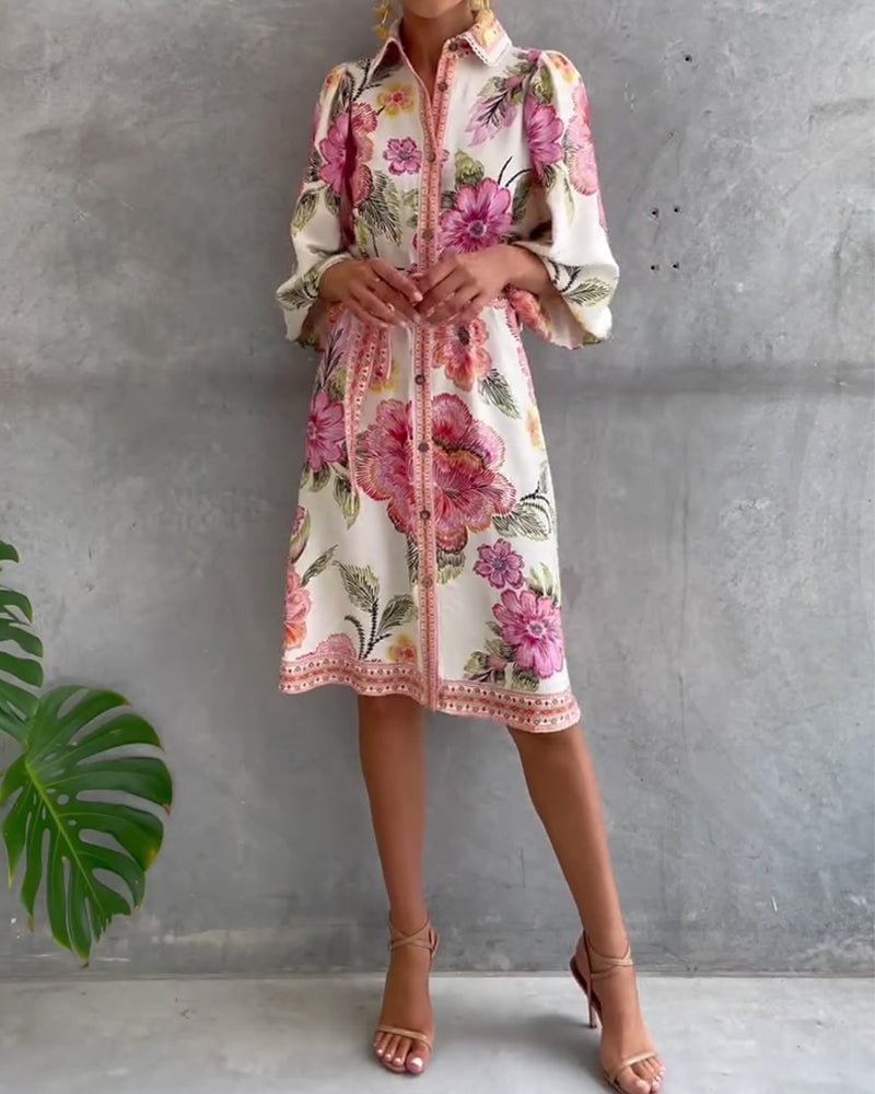 Damen A-Linien-Kleid mit Print | Knielanges Kleid mit Reverskragen und Laternenärmeln