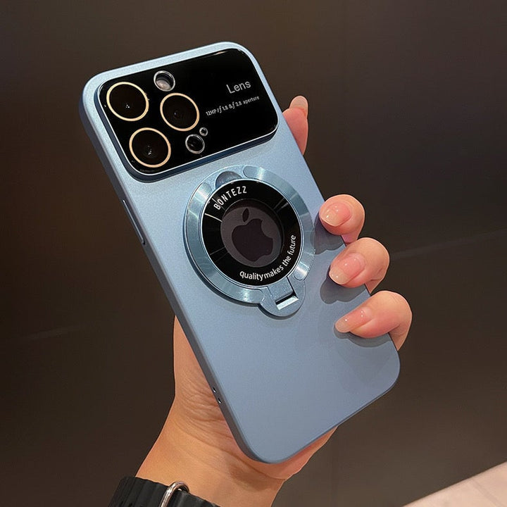 Custodia magnetica per iPhone | Compatibile con ricarica wireless | Supporto integrato, protezione per lente della fotocamera | Anti-impronte, PC trasparente