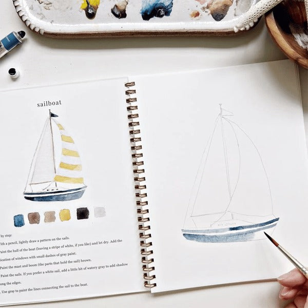 Aquarell-Arbeitsbuch für Anfänger | Malbuch mit 12 Motiven, Schritt-für-Schritt-Anleitungen und hochwertigem Aquarellpapier