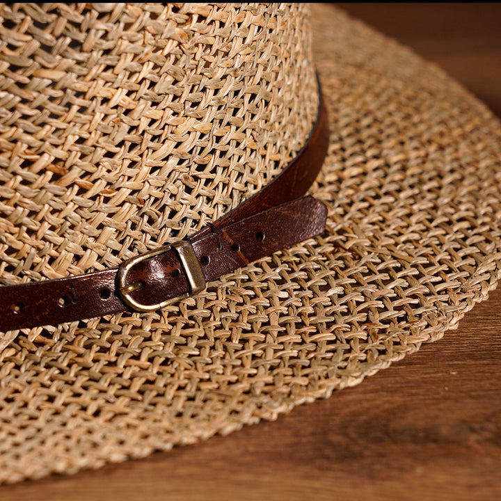 Herren Strohhut Natur | Fein geflochtener Trachtenhut mit braunem Lederband, Schnalle und breiter Krempe