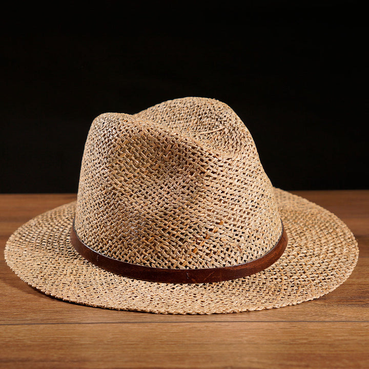 Herren Strohhut Natur | Fein geflochtener Trachtenhut mit braunem Lederband, Schnalle und breiter Krempe