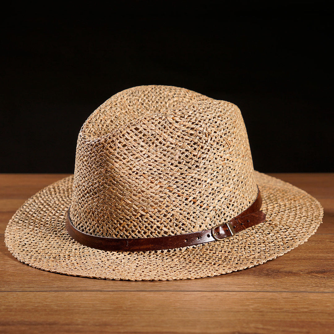 Herren Strohhut Natur | Fein geflochtener Trachtenhut mit braunem Lederband, Schnalle und breiter Krempe
