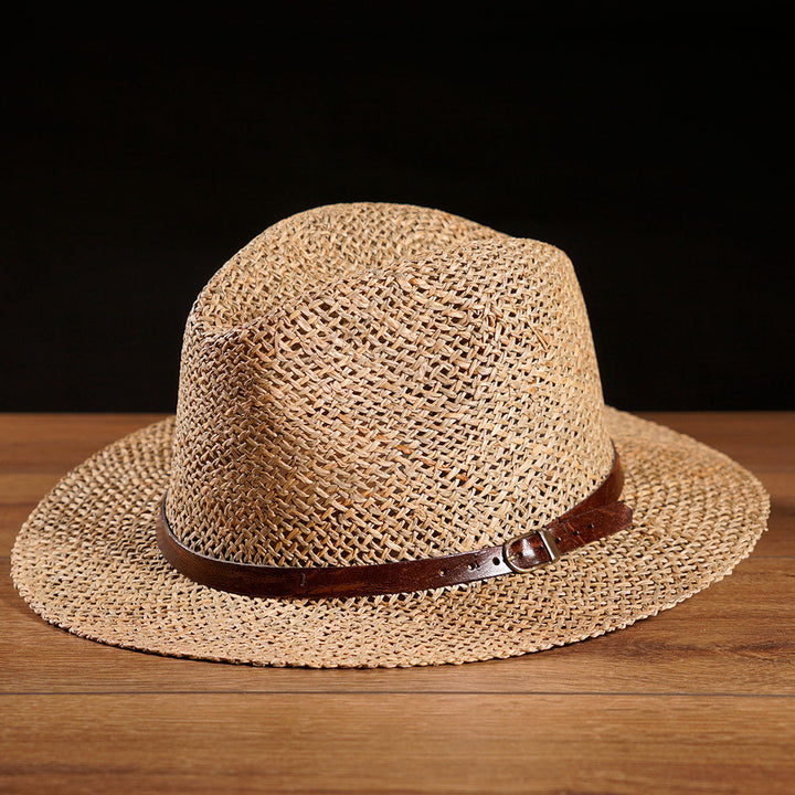 Herren Strohhut Natur | Fein geflochtener Trachtenhut mit braunem Lederband, Schnalle und breiter Krempe