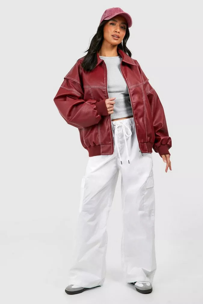 Damen Bomberjacke | Klassischer Blouson aus hochwertigem Kunstleder mit Reißverschluss und gerippten Bündchen