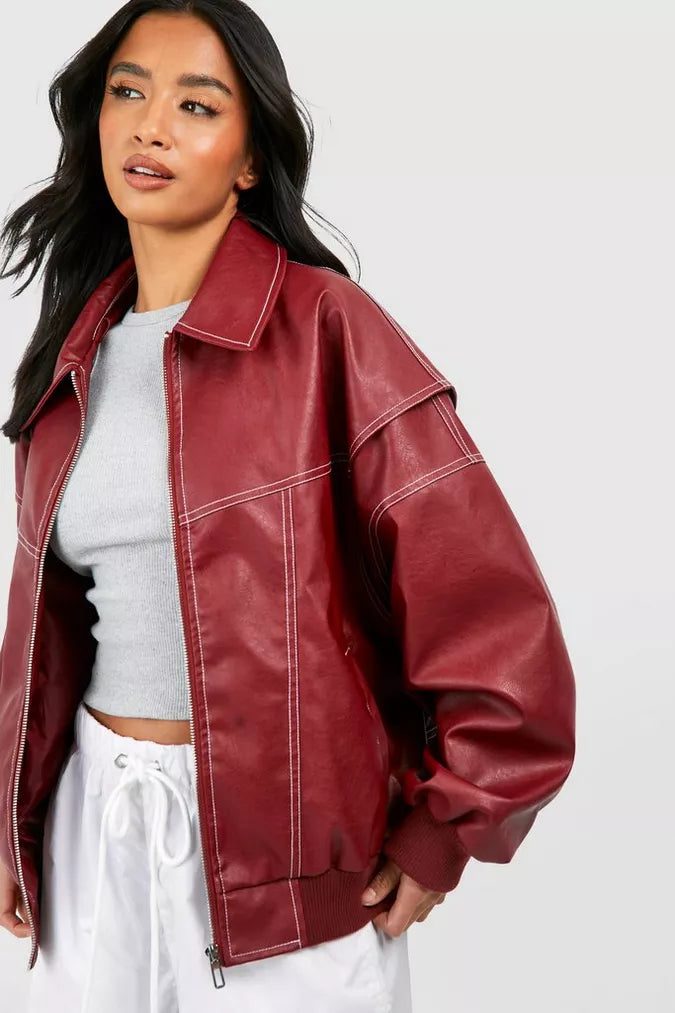Damen Bomberjacke | Klassischer Blouson aus hochwertigem Kunstleder mit Reißverschluss und gerippten Bündchen