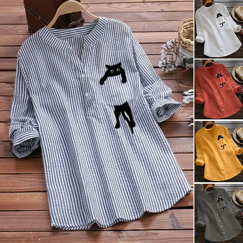 Damenbluse | Baumwollbluse mit V-Ausschnitt und Katzenprint