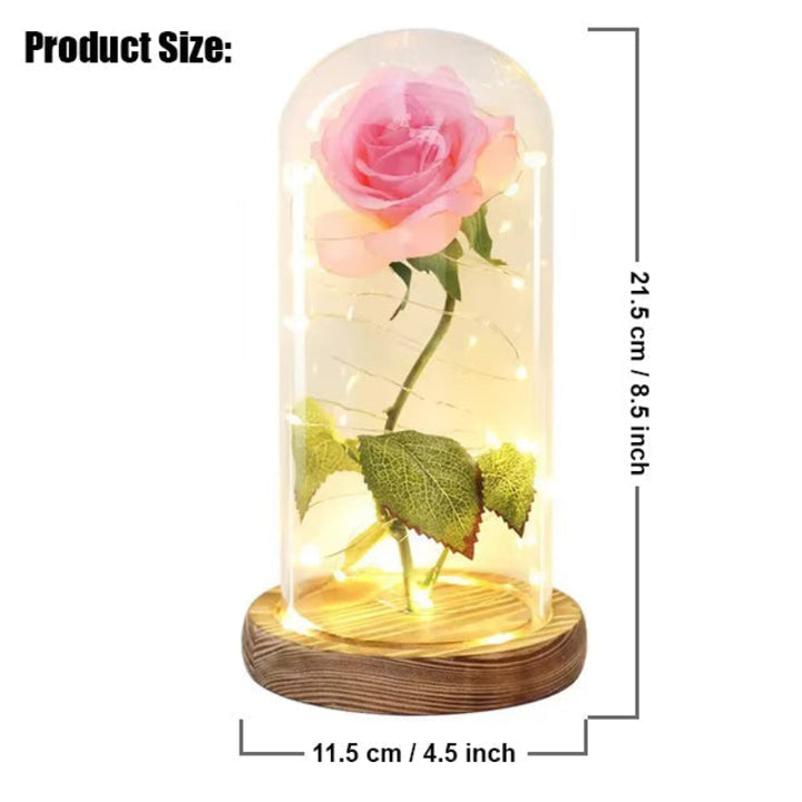 LED-Rose im Glas | Dekolampe mit warmweißem Licht, Holzsockel und Galaxy-Effekt als romantisches Geschenk