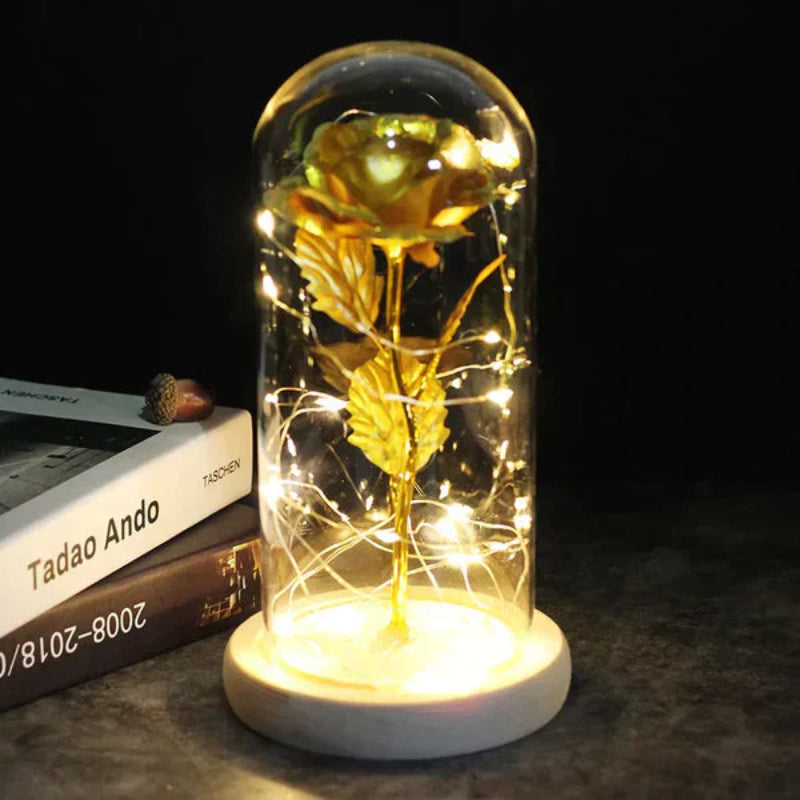 LED-Rose im Glas | Dekolampe mit warmweißem Licht, Holzsockel und Galaxy-Effekt als romantisches Geschenk
