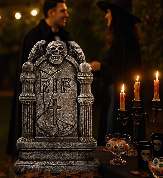 Halloween Grabstein Grau 49 cm | RIP Grabsteindeko für Friedhofskulisse, Horrorparty und Halloween-Dekoration
