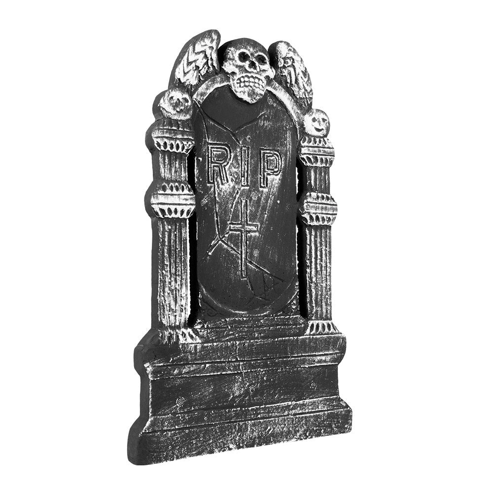 Halloween Grabstein Totenkopf 50 cm | RIP Grabsteinkreuz aus Polystyrol mit fliegendem Totenkopf für Halloween-Deko