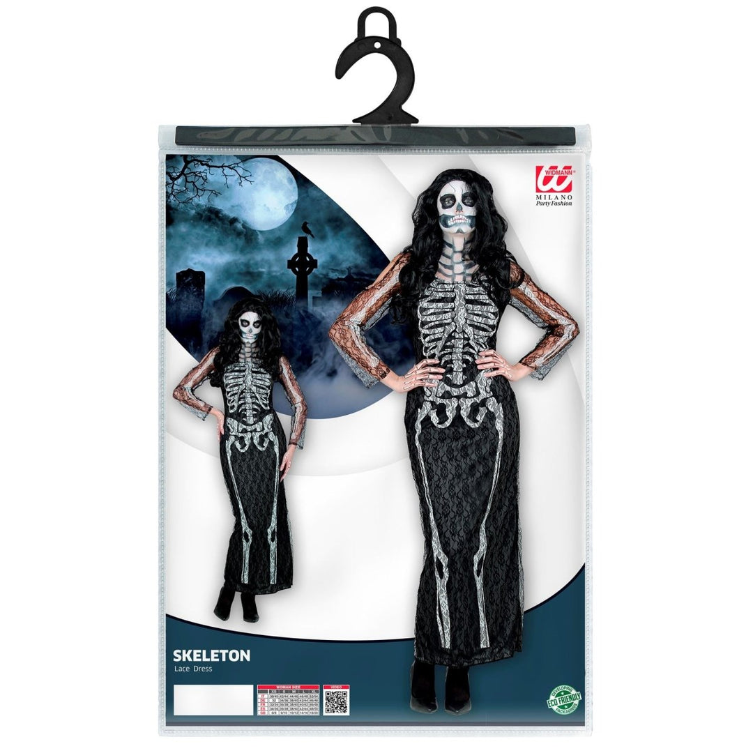 Skelett Kleid Damen lang | Schwarzes Halloween-Kostüm mit Spitzenkleid für Halloween- und Mottopartys