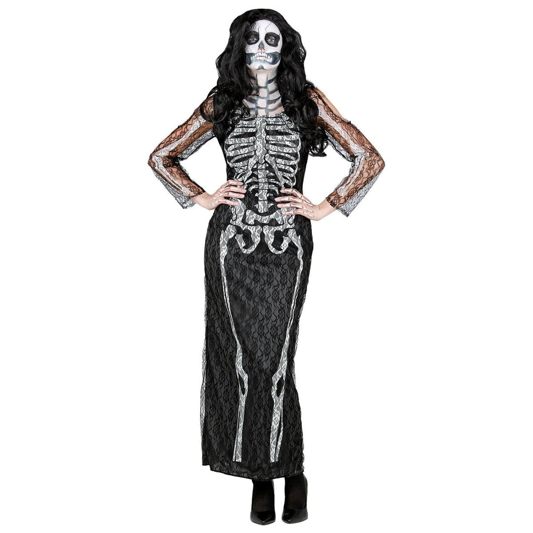 Skelett Kleid Damen lang | Schwarzes Halloween-Kostüm mit Spitzenkleid für Halloween- und Mottopartys