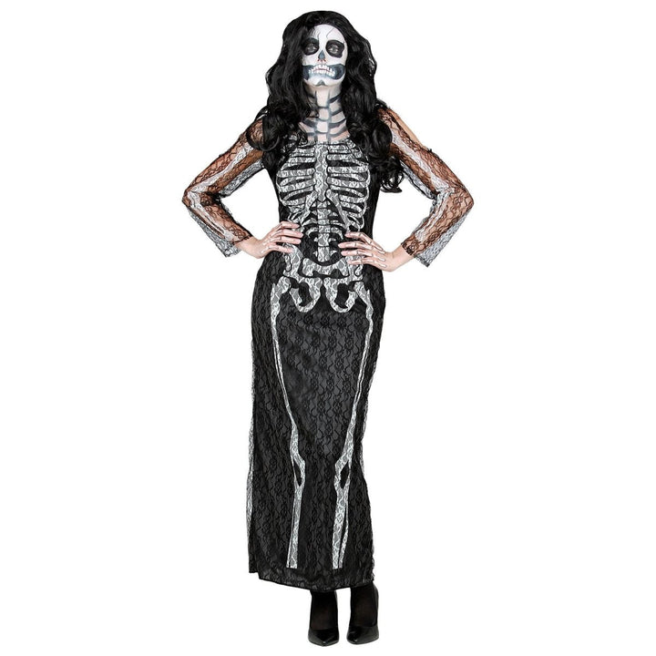 Skelett Kleid Damen lang | Schwarzes Halloween-Kostüm mit Spitzenkleid für Halloween- und Mottopartys