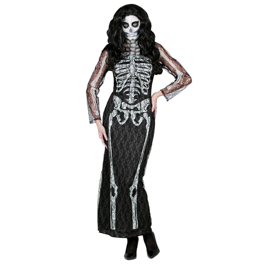 Skelett Kleid Damen lang | Schwarzes Halloween-Kostüm mit Spitzenkleid für Halloween- und Mottopartys
