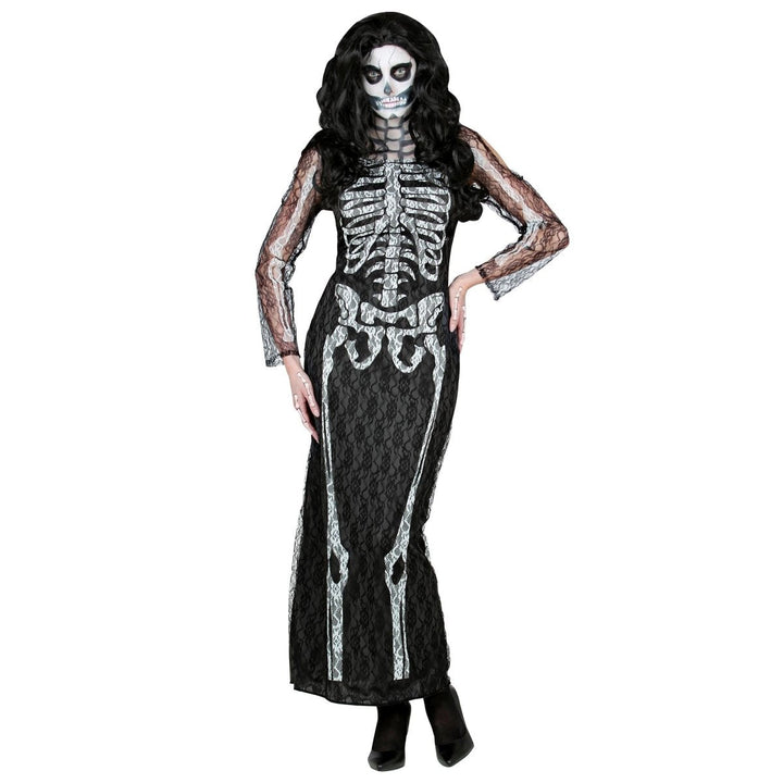 Skelett Kleid Damen lang | Schwarzes Halloween-Kostüm mit Spitzenkleid für Halloween- und Mottopartys