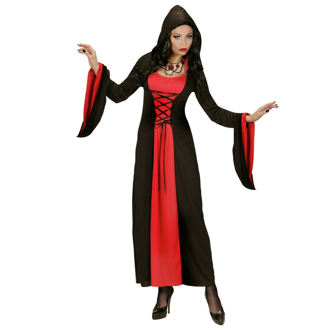 Damen Halloween Kleid Rot Schwarz | Gothic Kostüm mit Kapuze für Halloween, Horrorparty und düstere Mottopartys
