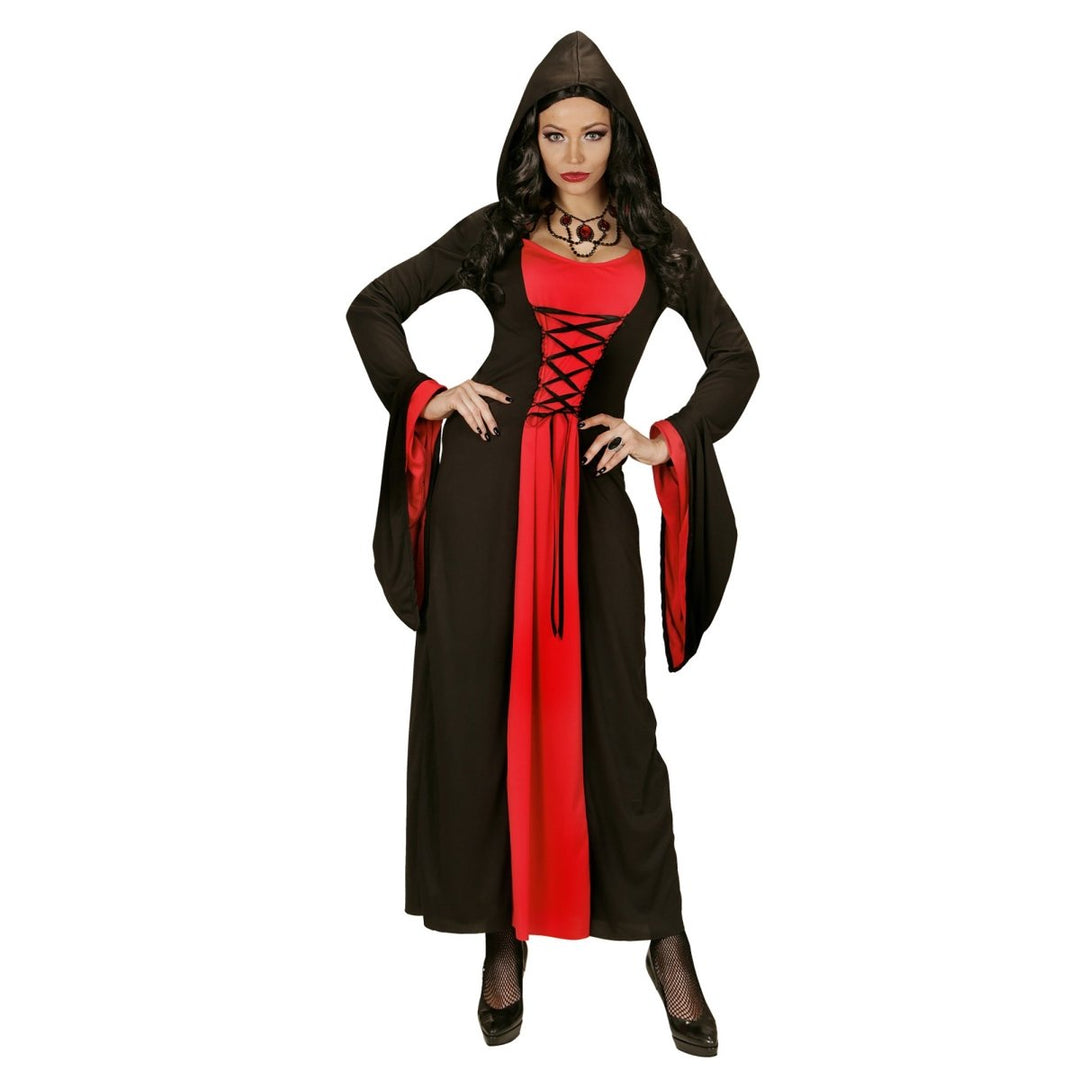 Damen Halloween Kleid Rot Schwarz | Gothic Kostüm mit Kapuze für Halloween, Horrorparty und düstere Mottopartys