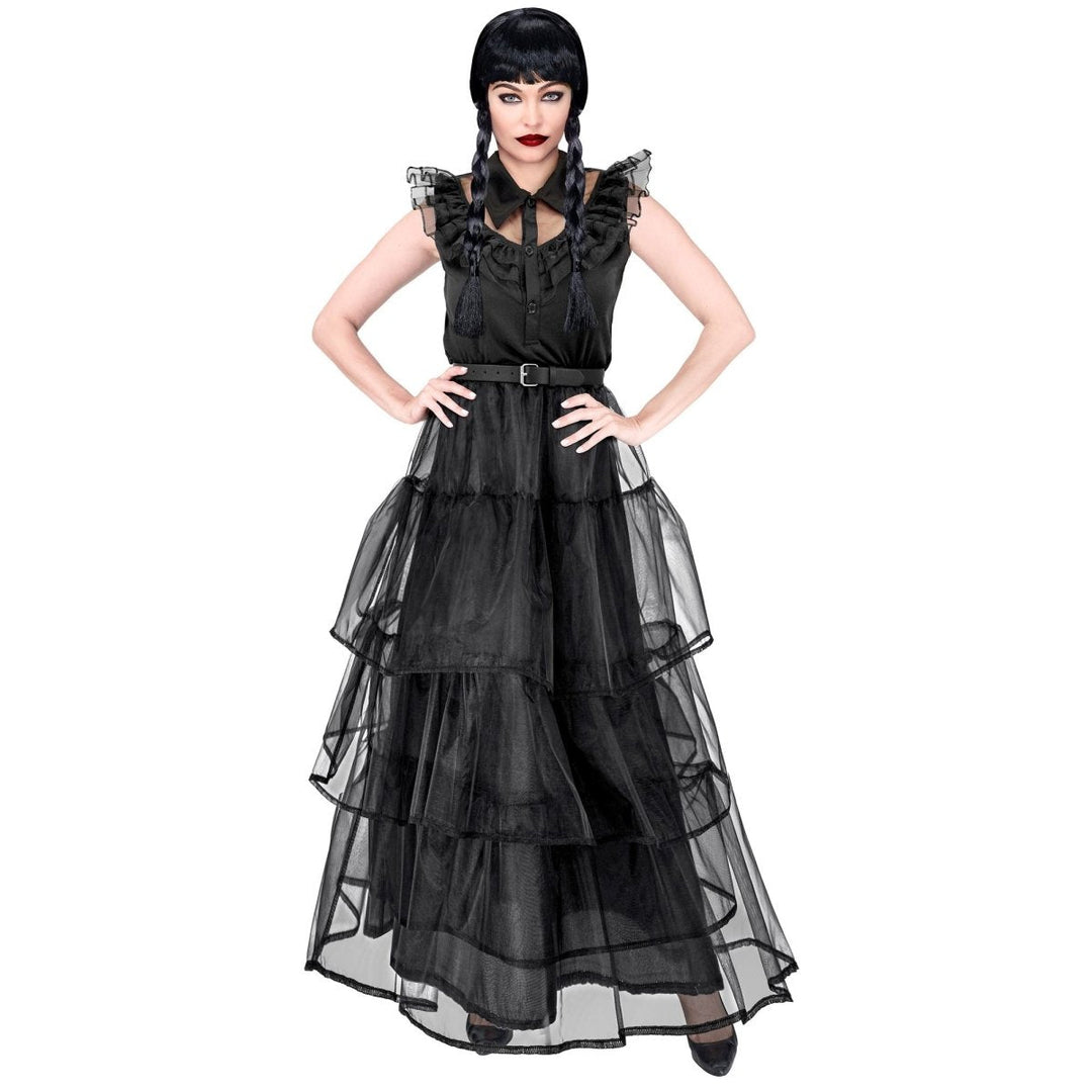 Gothic Kleid Damen | Schwarzes Halloween-Kostüm mit Gürtel für Gothic-Verkleidung und Mottopartys