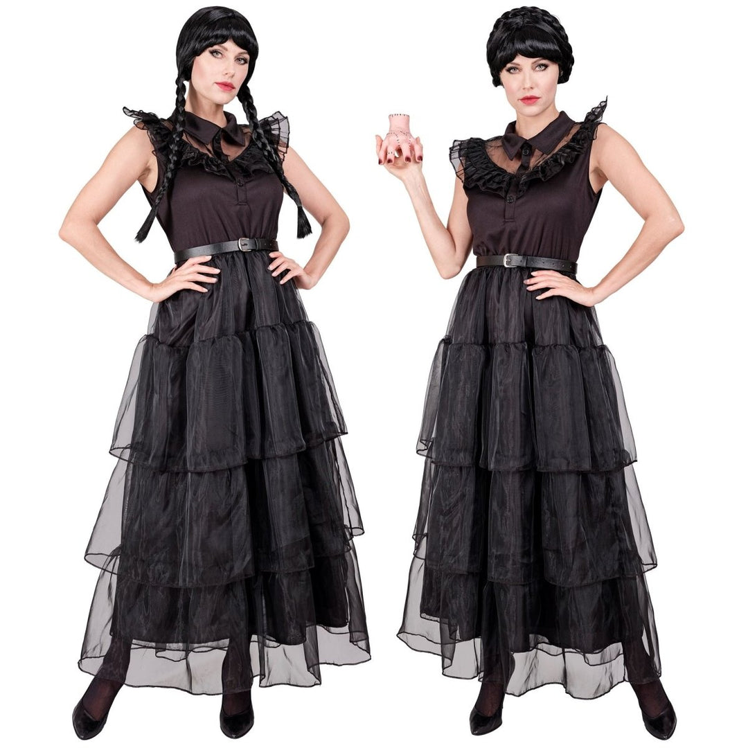 Gothic Kleid Damen | Schwarzes Halloween-Kostüm mit Gürtel für Gothic-Verkleidung und Mottopartys