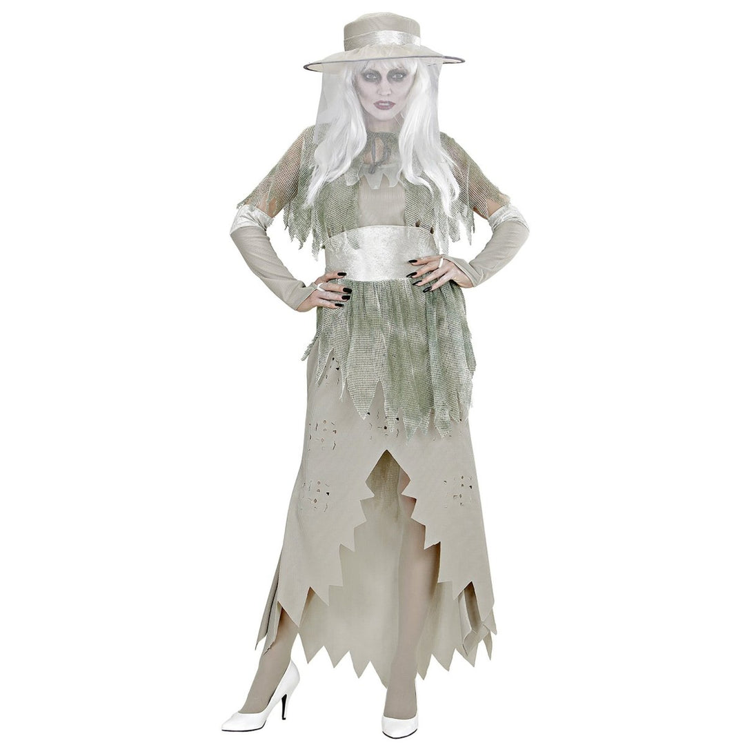 Geist Kostüm Damen | 5-teiliges graues Halloween-Kostüm mit Kleid, Umhang, Handschuhen und Hut mit Schleier