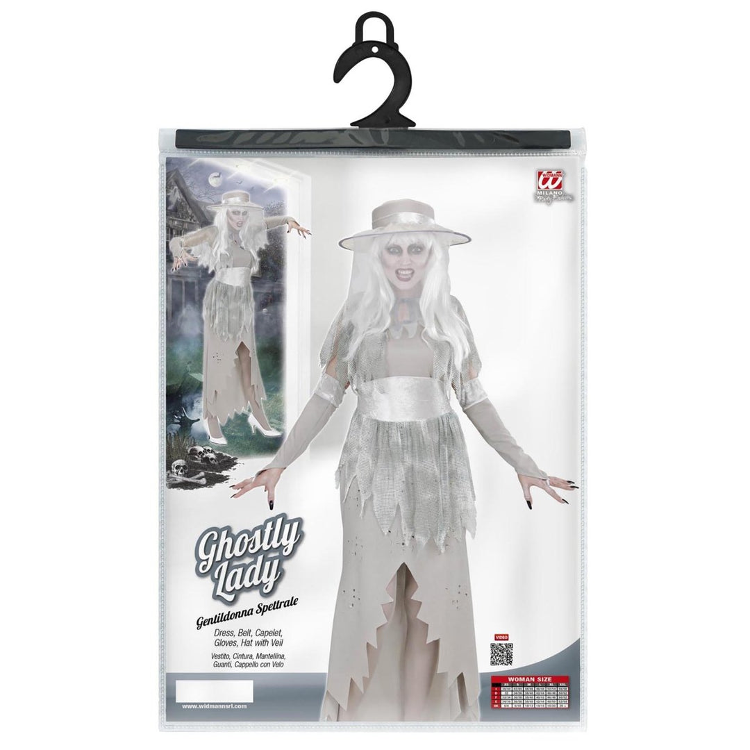 Geist Kostüm Damen | 5-teiliges graues Halloween-Kostüm mit Kleid, Umhang, Handschuhen und Hut mit Schleier
