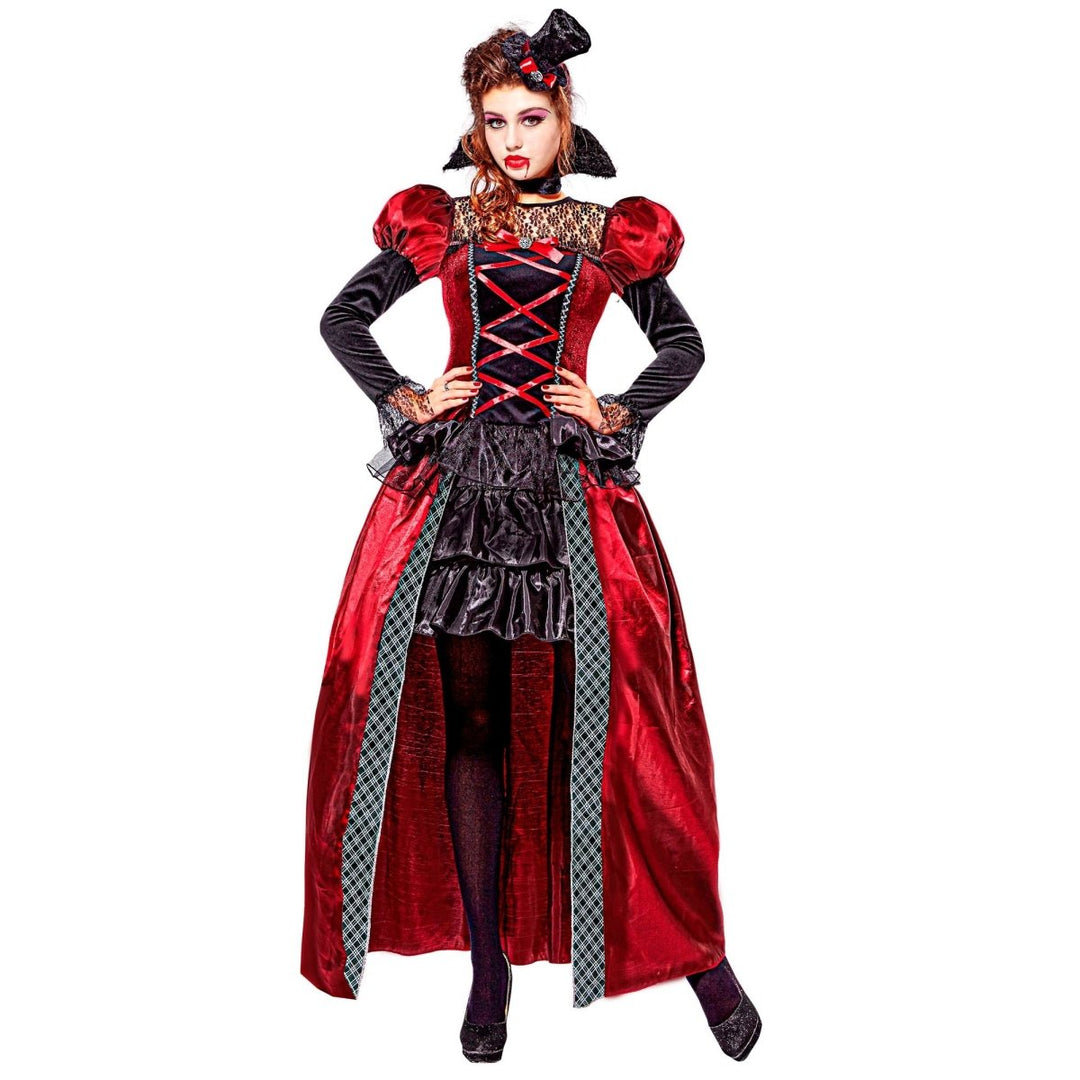 Vampir Kostüm Damen 3-teilig | Halloween Kostüm mit Kleid, Halsband und Mini-Hut für Halloween-Partys