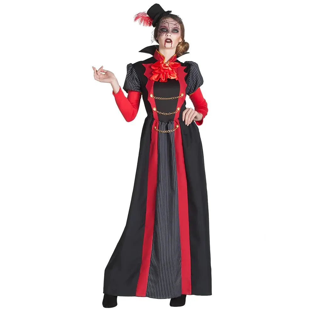 Vampir Kostüm Damen | Halloween-Kleid mit roten Akzenten, Stehkragen und Hut für Halloween- und Mottopartys