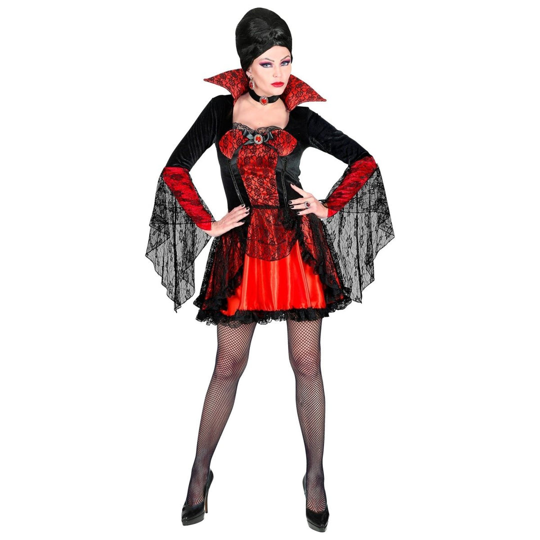 Vampir Kostüm Damen | Halloween-Kostüm mit Spitzen-Look, Kleid und Halsband für Halloween- und Mottopartys
