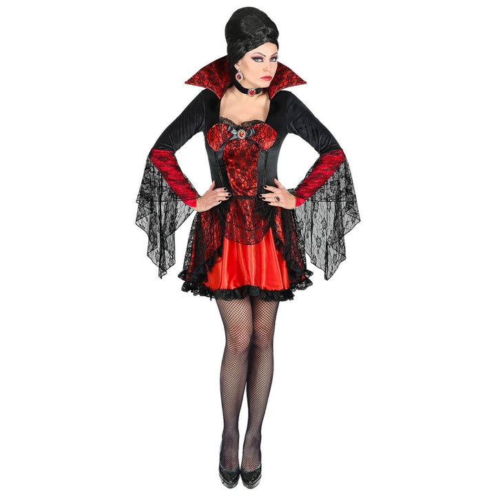 Vampir Kostüm Damen | Halloween-Kostüm mit Spitzen-Look, Kleid und Halsband für Halloween- und Mottopartys