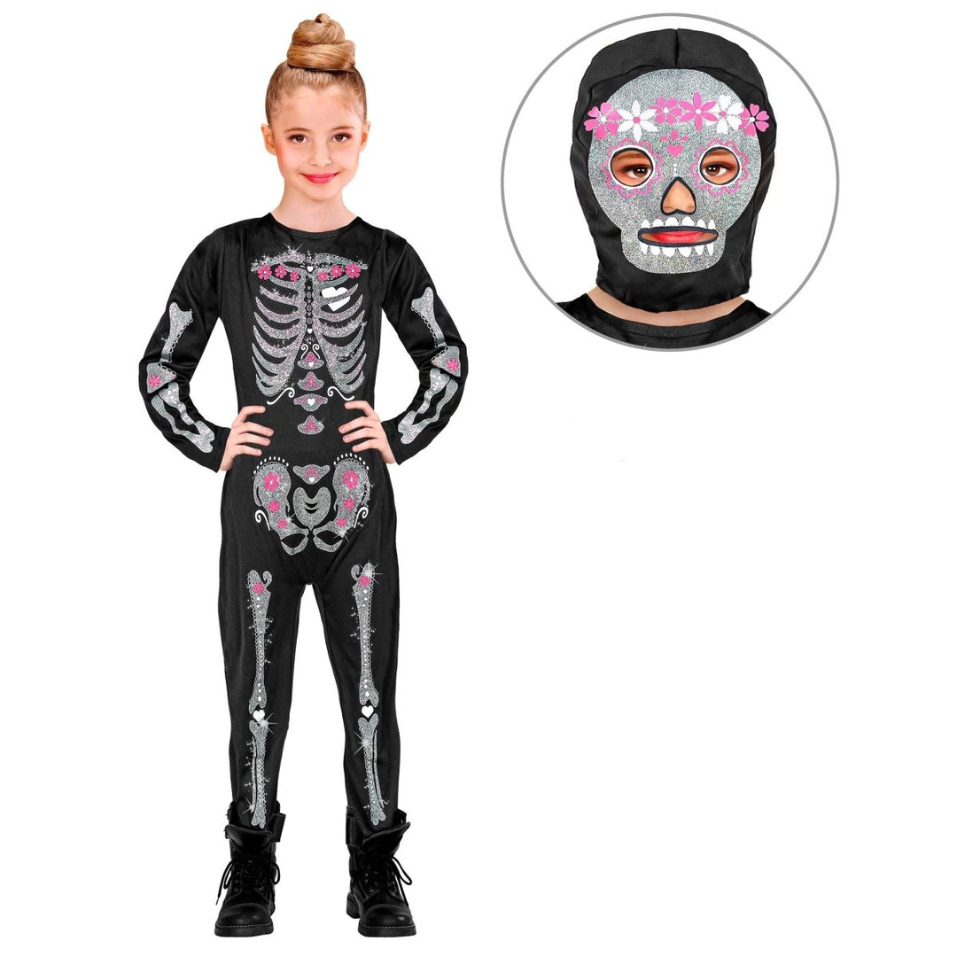 Skelett Kostüm Kinder | Schwarzes Glitzer Halloween-Kostüm mit Overall und Kapuzenmaske für Halloween-Partys