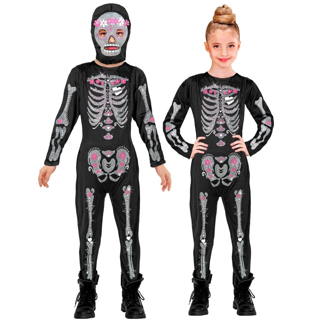 Skelett Kostüm Kinder | Schwarzes Glitzer Halloween-Kostüm mit Overall und Kapuzenmaske für Halloween-Partys
