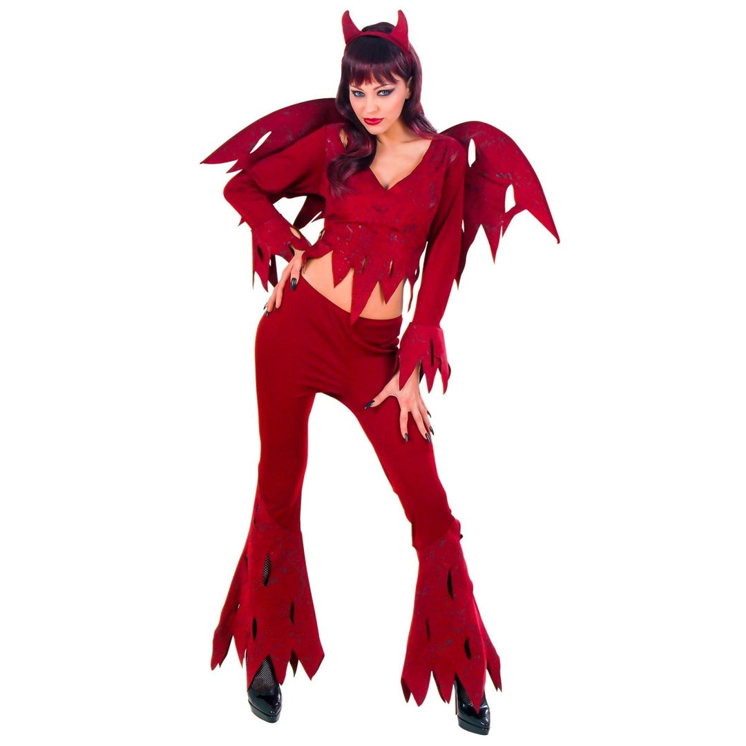 Damen Teufel Kostüm Rot | 4-teiliges Halloween Kostüm mit Hemd, Hose, Flügeln und Hörnern für Mottopartys