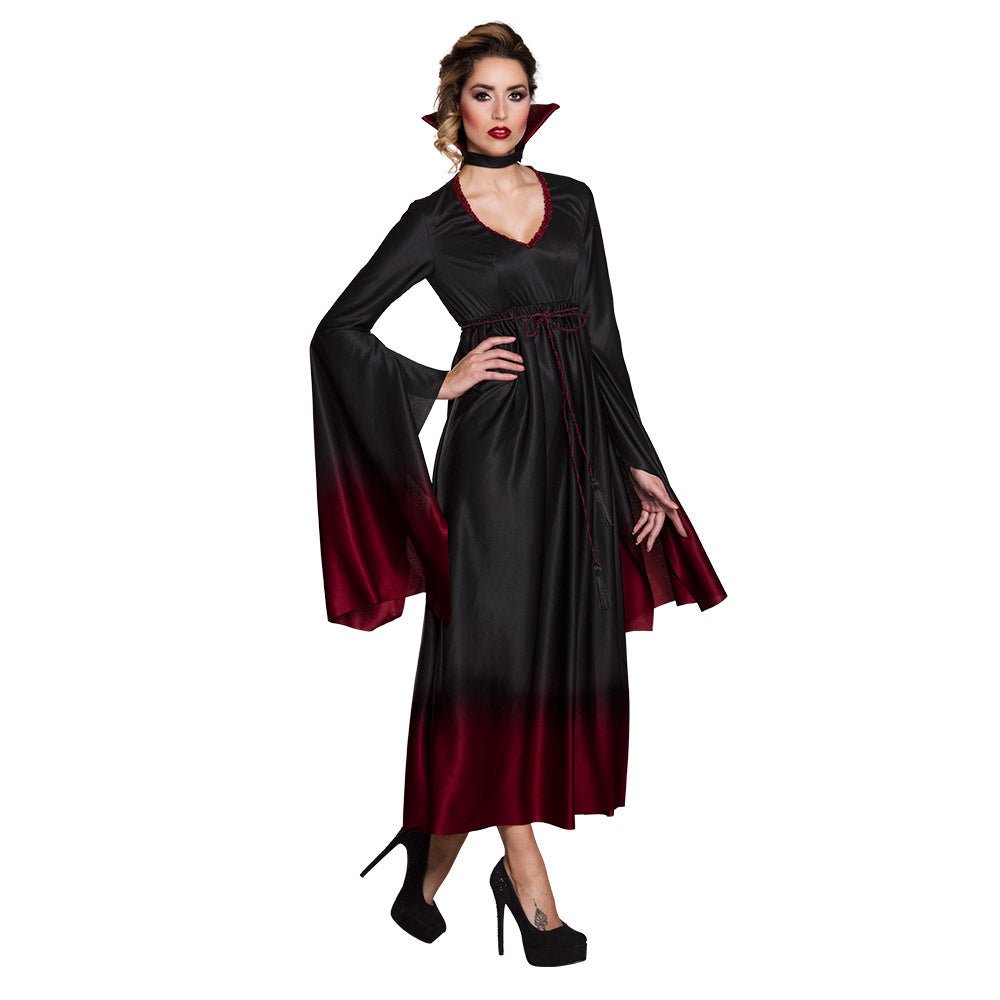 Vampir Kostüm Damen | Halloween-Kostüm mit langem Kleid, Kragen und Gürtel für Halloween- und Mottopartys
