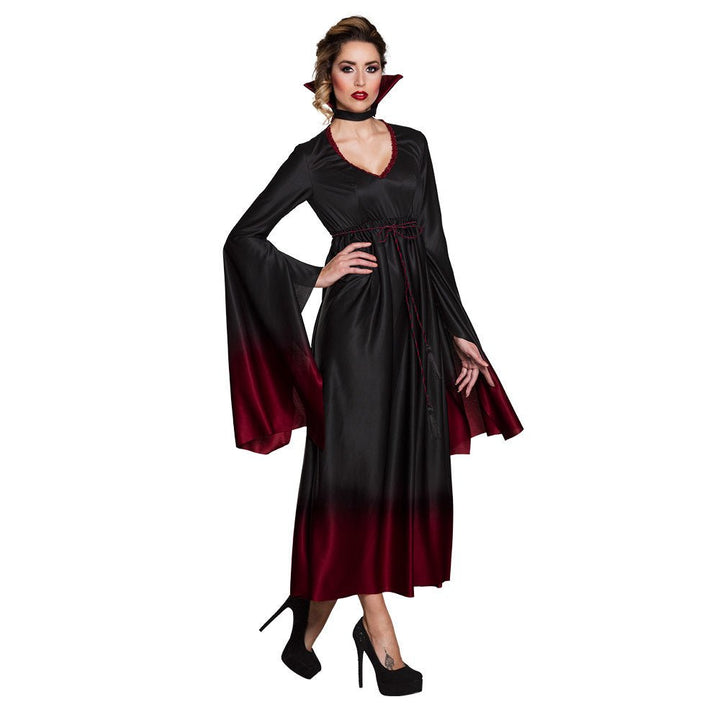 Vampir Kostüm Damen | Halloween-Kostüm mit langem Kleid, Kragen und Gürtel für Halloween- und Mottopartys