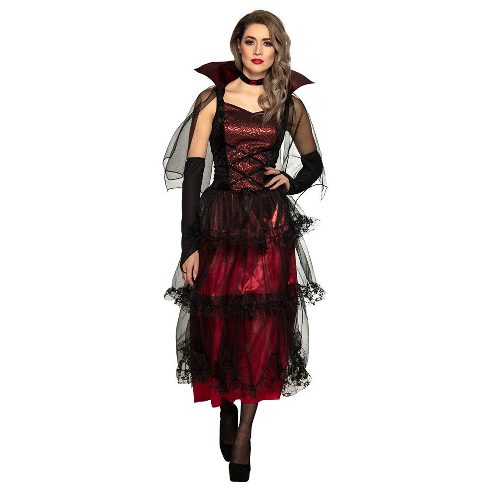 Vampir Kostüm Damen | Rotes Halloween-Kostüm mit Kleid, Umhang, Halsband und Armteilen für Halloween-Partys