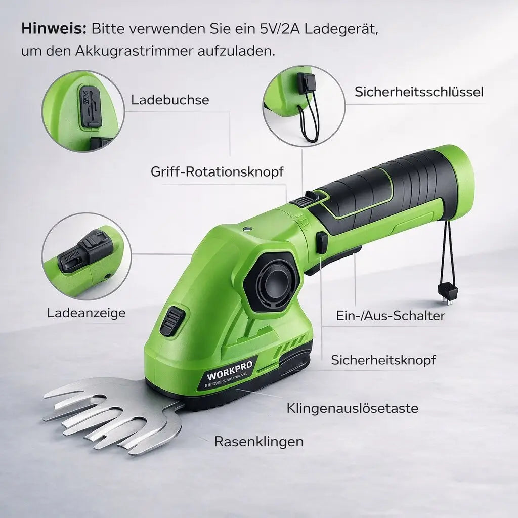 Akku Heckenschere &amp; Grasschere 2-in-1 | Wechselklingen 25 cm + 10 cm | 7,2V Li-Ion, 1100 U/min | Für Hecken &amp; Rasenkanten