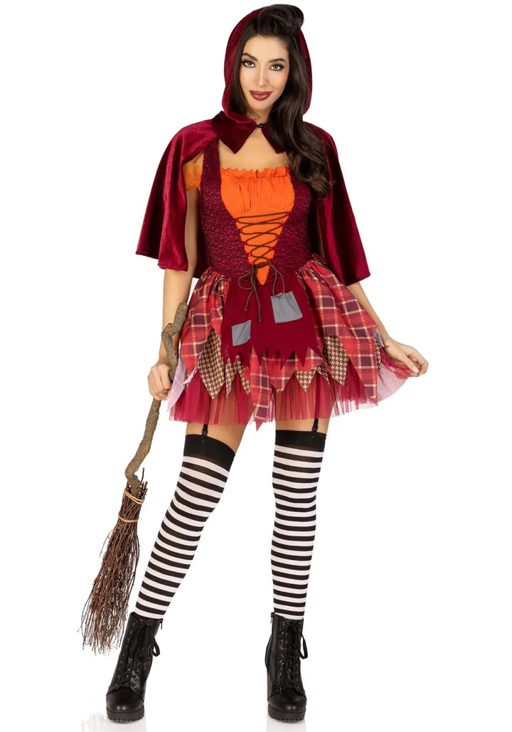 Hexenkostüm Damen 2-teilig | Halloween-Kostüm mit Patchwork-Kleid, Schnürung und Kapuzenumhang für Mottopartys