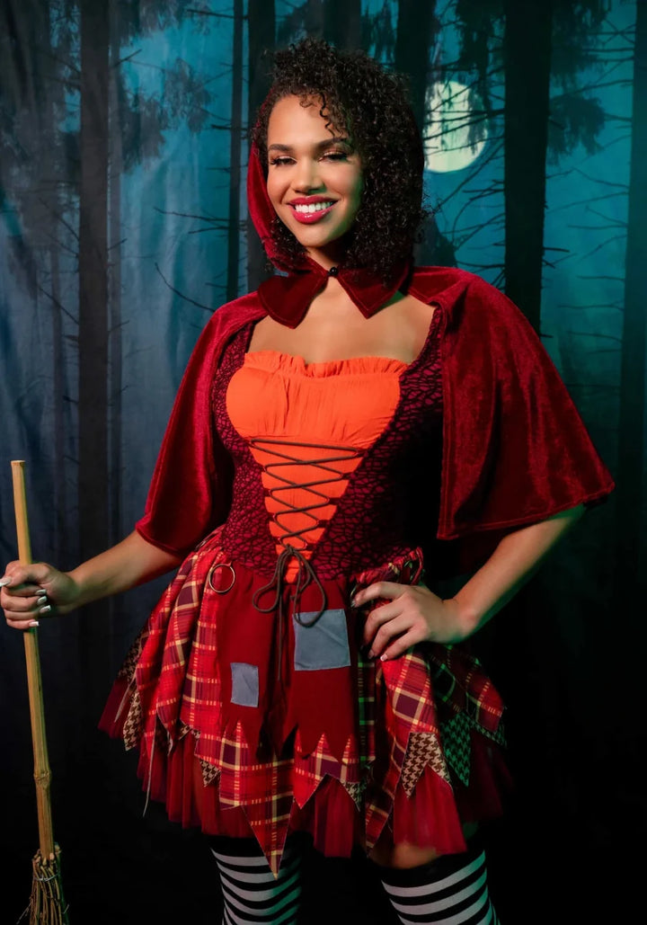Hexenkostüm Damen 2-teilig | Halloween-Kostüm mit Patchwork-Kleid, Schnürung und Kapuzenumhang für Mottopartys