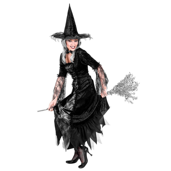 Hexenkostüm Damen | Schwarz-graues Halloween-Kostüm im Spinnennetz-Look mit Kleid und Hexenhut für Halloween-Partys
