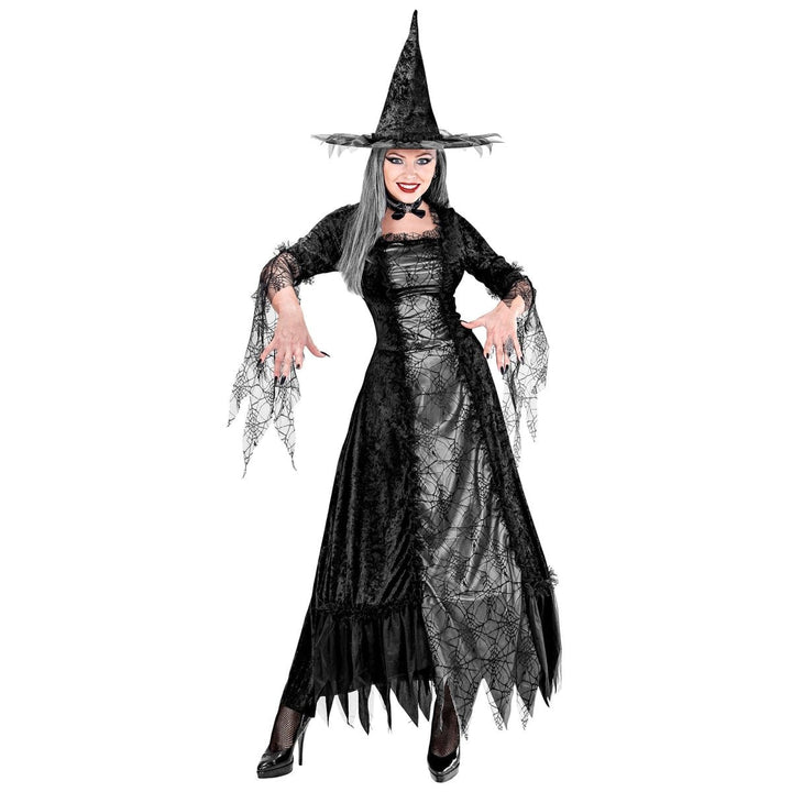 Hexenkostüm Damen | Schwarz-graues Halloween-Kostüm im Spinnennetz-Look mit Kleid und Hexenhut für Halloween-Partys