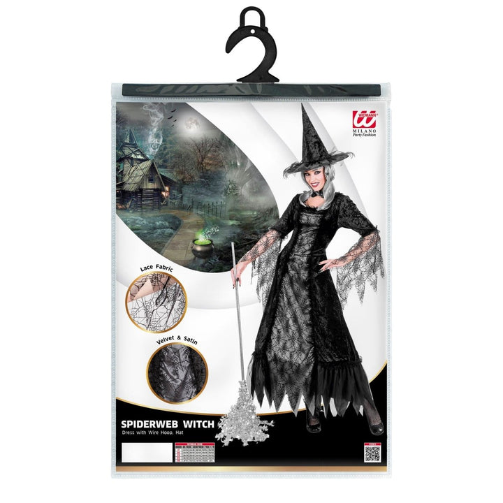 Hexenkostüm Damen | Schwarz-graues Halloween-Kostüm im Spinnennetz-Look mit Kleid und Hexenhut für Halloween-Partys