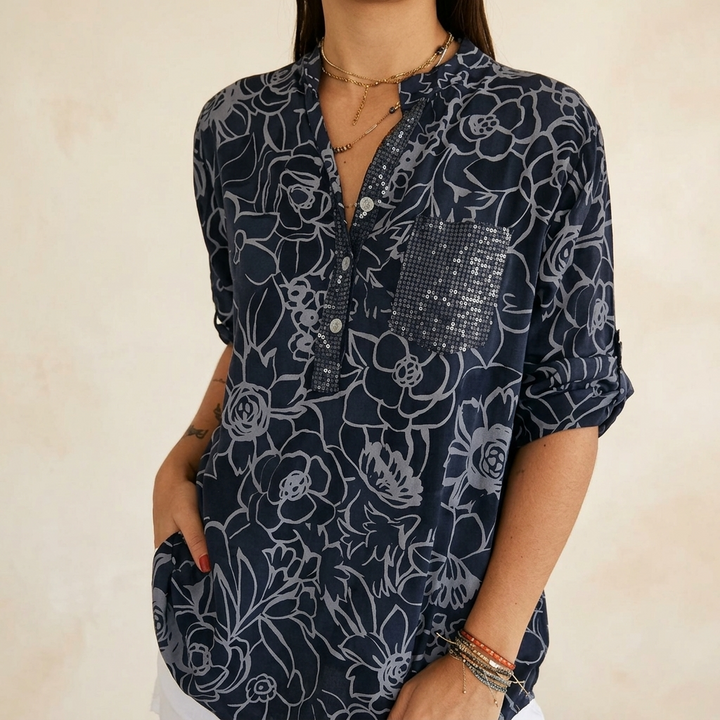 Damen Blumenbluse | Lockere Tunika mit Pailletten-Brusttasche, Henley-Ausschnitt und 3/4-Ärmeln